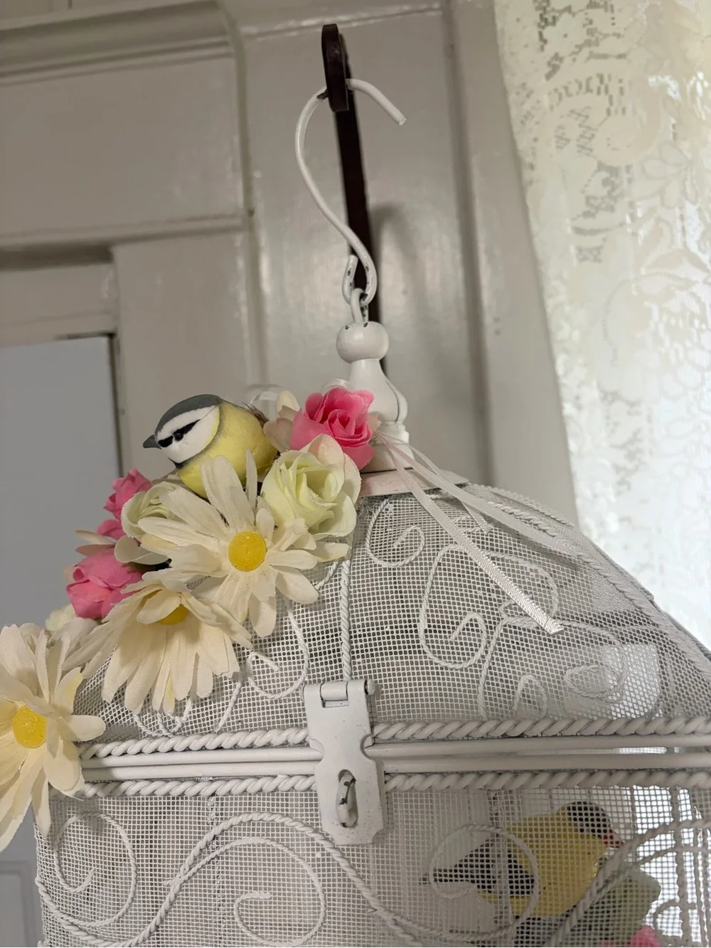 White Decorative Birdcage Accent with Floral and Yellow Bird